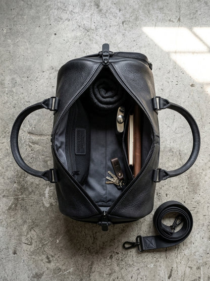 Roosevelt Duffle Matte Black Leather Travel Bag – Tactical Gym & Weekender Holdall