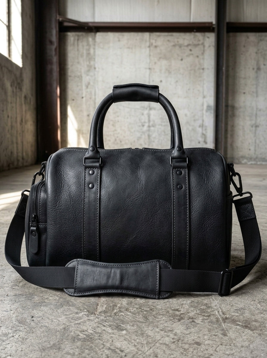 Roosevelt Duffle Matte Black Leather Travel Bag – Tactical Gym & Weekender Holdall