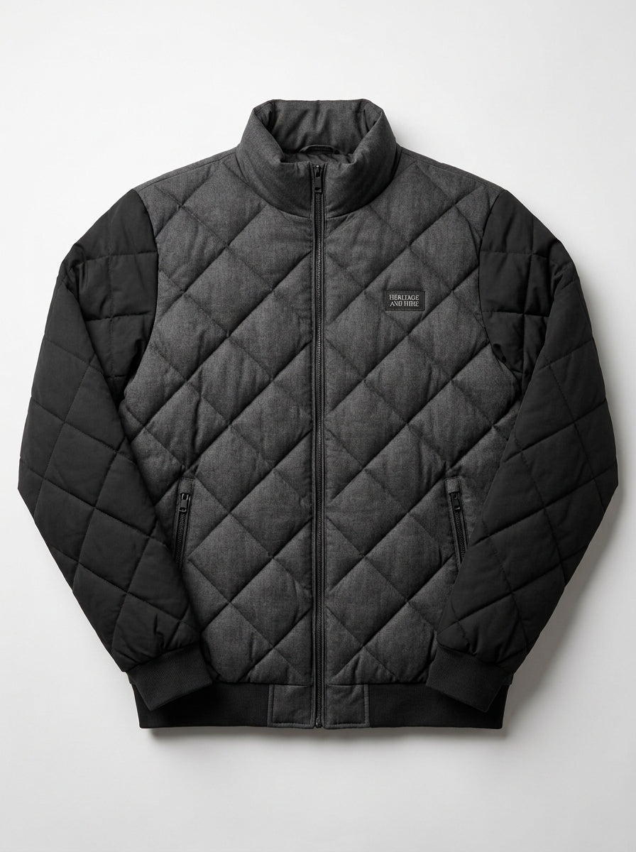 Heritage And Hide Men's Diamond Quilted Bomber Jacket – Two-Tone Charcoal & Black Insulated Winter Coat