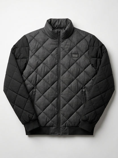 Heritage And Hide Men's Diamond Quilted Bomber Jacket – Two-Tone Charcoal & Black Insulated Winter Coat