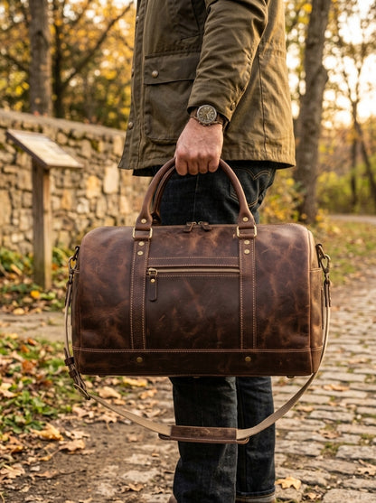 The Classic Leather Barrel Duffle – Handcrafted Dark Walnut Travel Holdall