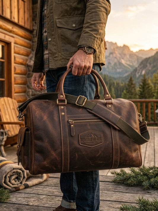 Heritage And Hide Handcrafted Leather Duffel Bag – Vintage Mountain Edition Weekender Holdall